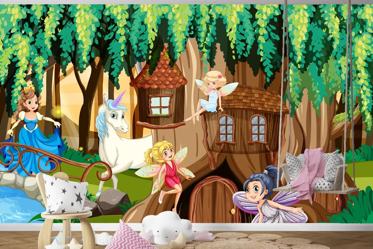 Periler Ve Tek Boynuzlu Fantezi Orman Çocuk Odası Duvar Kağıdı