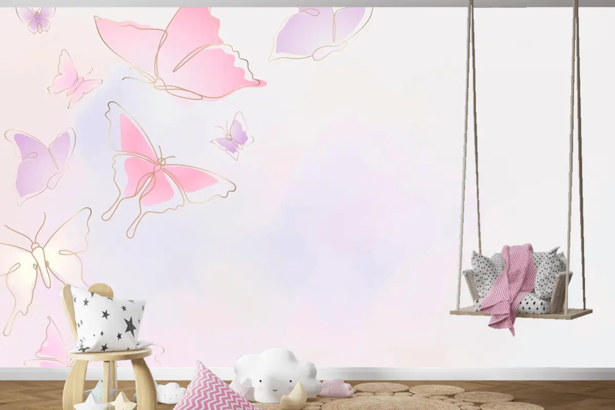 Kadınsı Kelebek Arka Plan Pembe Sınır Çocuk Odası Duvar Kağıdı