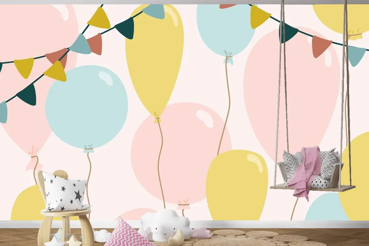 Mavi Pembe Ve Sarı Balonlu Şenlikli Arka Plan Çocuk Odası Duvar Kağıdı
