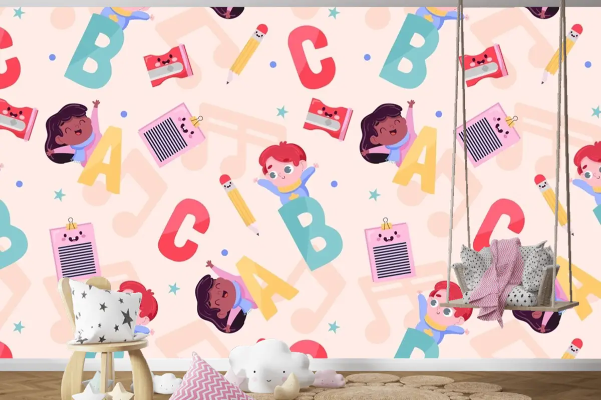 Düz Okula Dönüş Desen Tasarımı Çocuk Odası Duvar Kağıdı