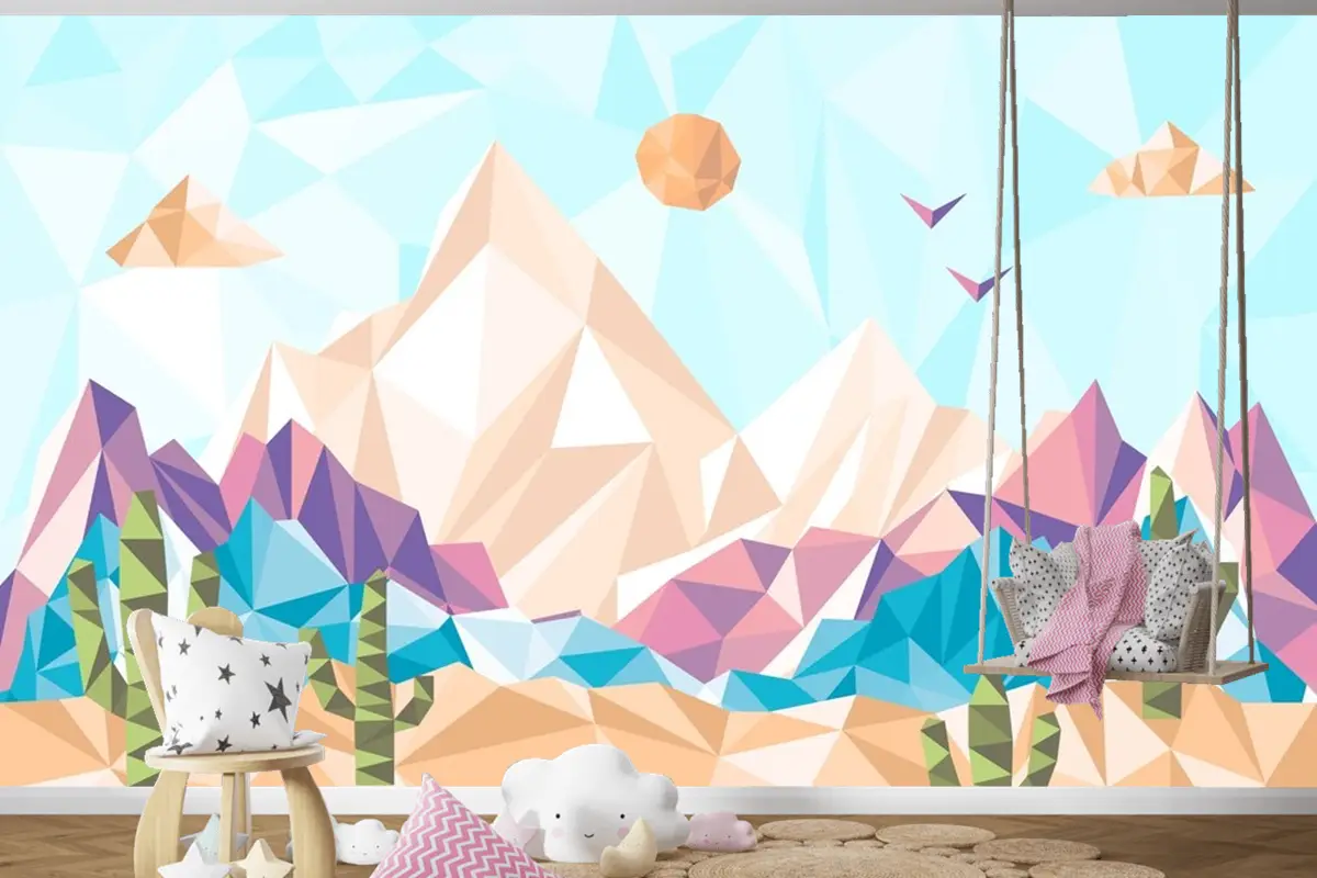 Düz Tasarım Düşük Poli Manzara Çocuk Odası Duvar Kağıdı 