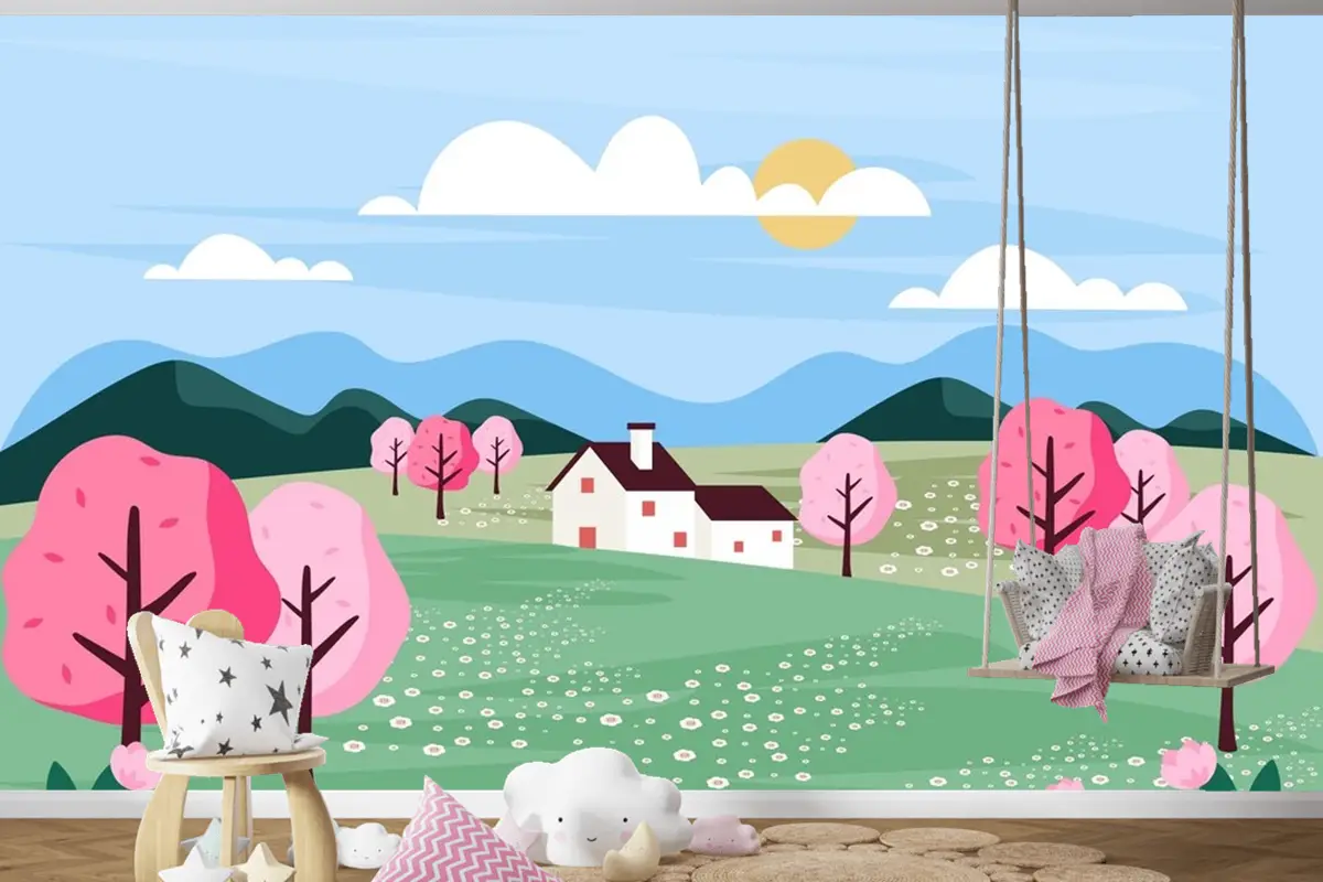 Düz Tasarım Bahar Manzara Çocuk Odası Duvar Kağıdı 