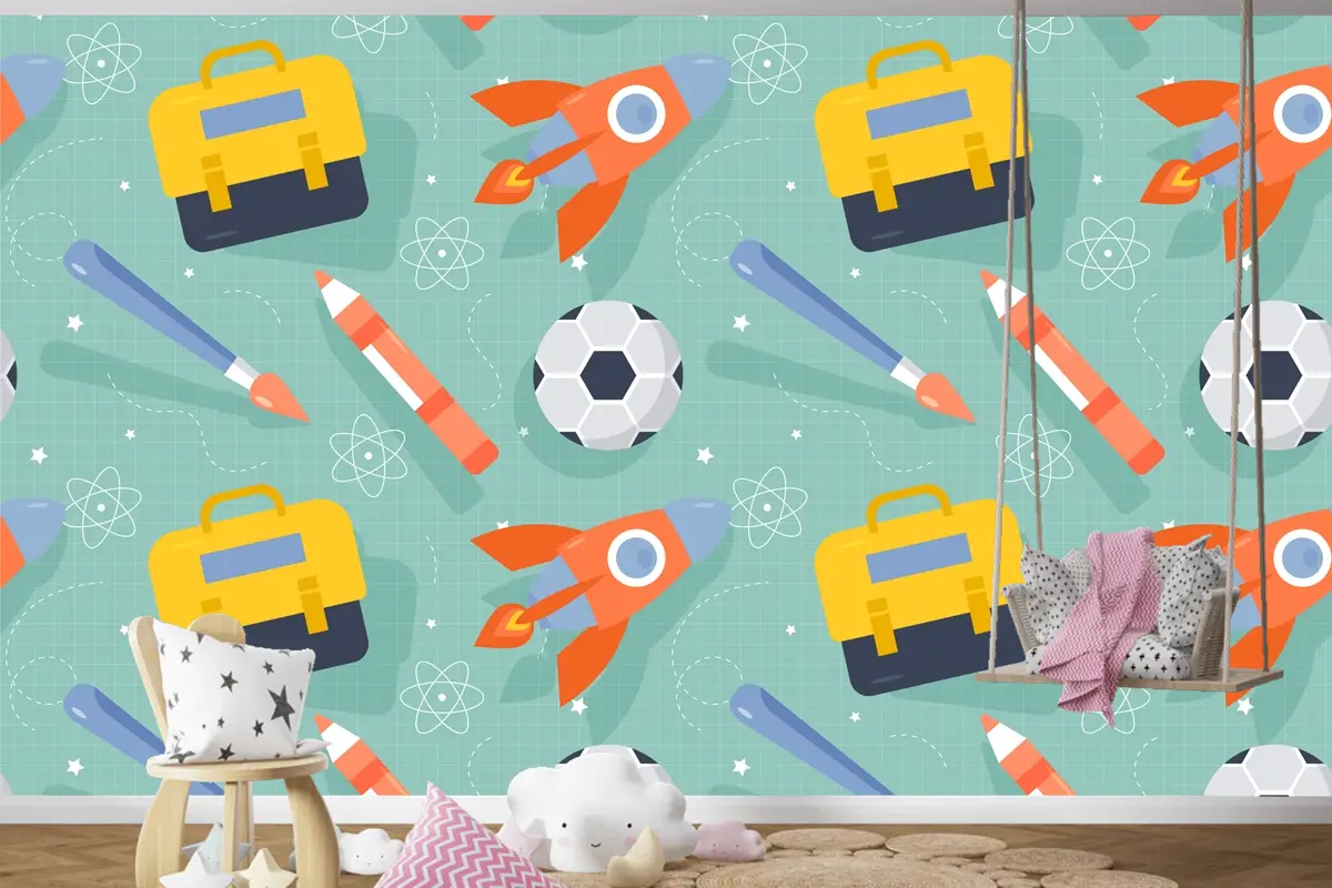 Okula Dönüş Çocuk Odası Duvar Kağıdı  İçin Düz Desen Tasarımı