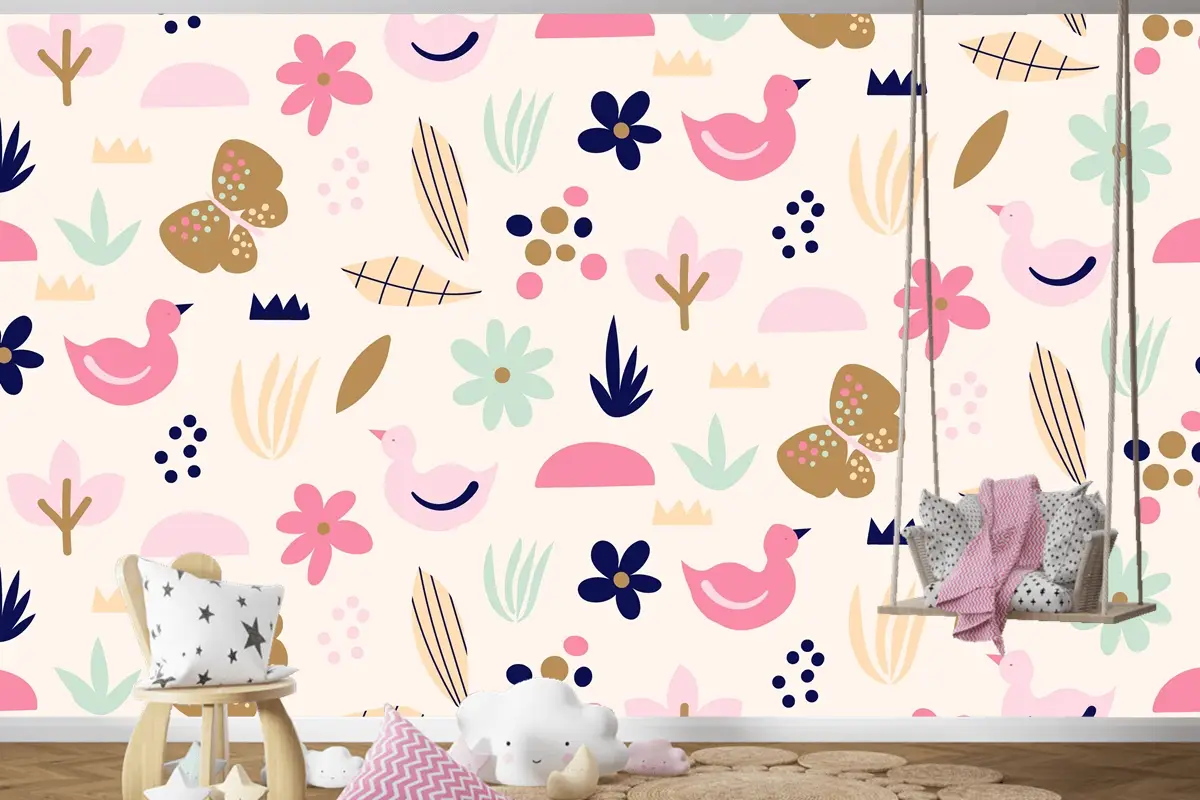 Düz İskandinav Tasarım Desenli Çocuk Odası Duvar Kağıdı 