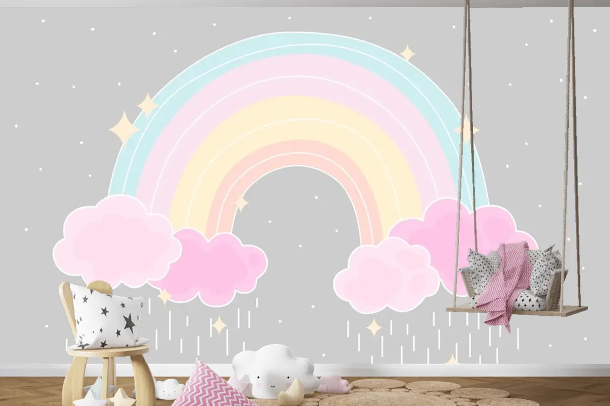Düz Stil Renkli Gökkuşağı Çocuk Odası Duvar Kağıdı 