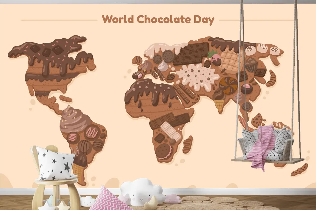 Düz Dünya Haritası Çikolata Günü Çocuk Odası Duvar Kağıdı