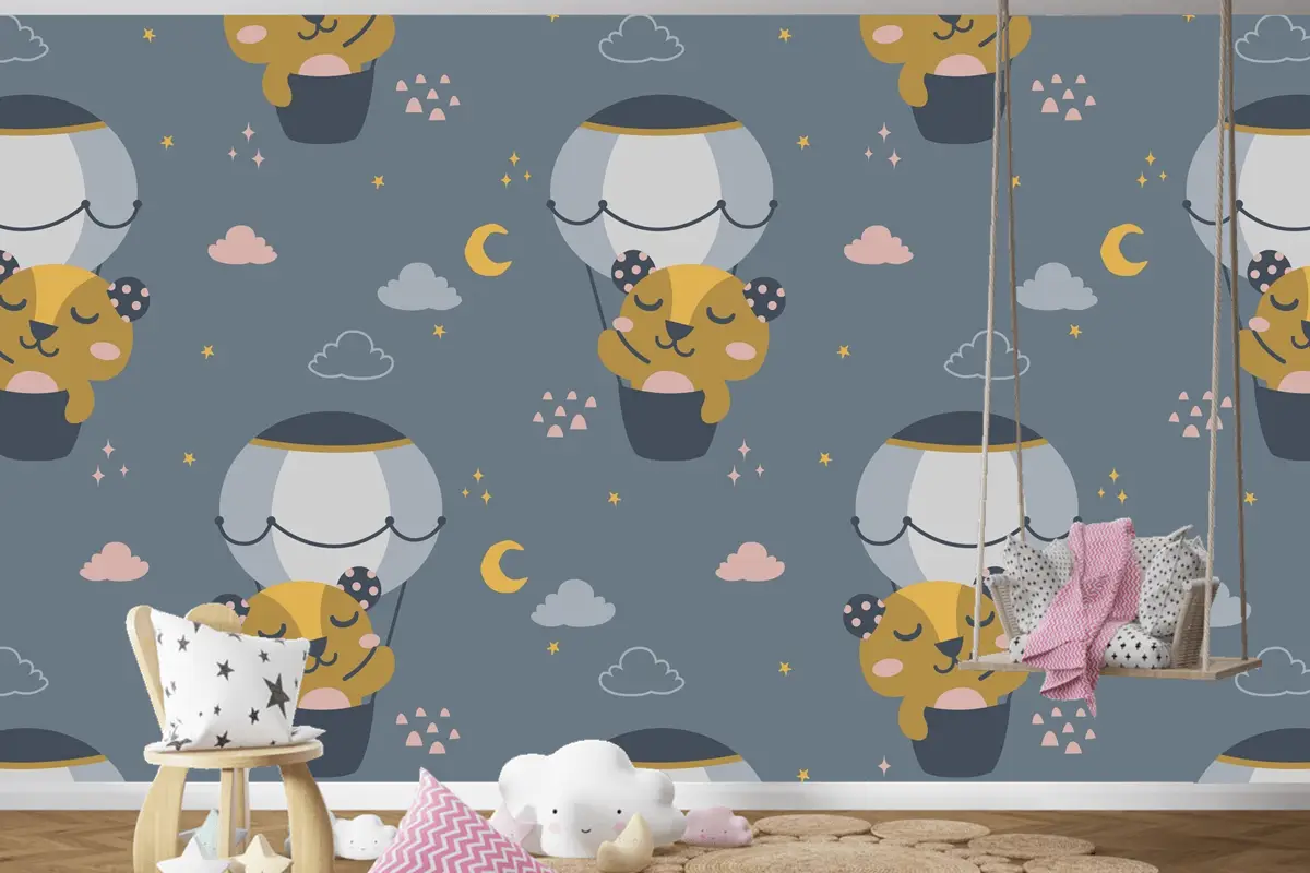 Uçan Sevimli Ayı İskandinav Desen Çocuk Odası Duvar Kağıdı