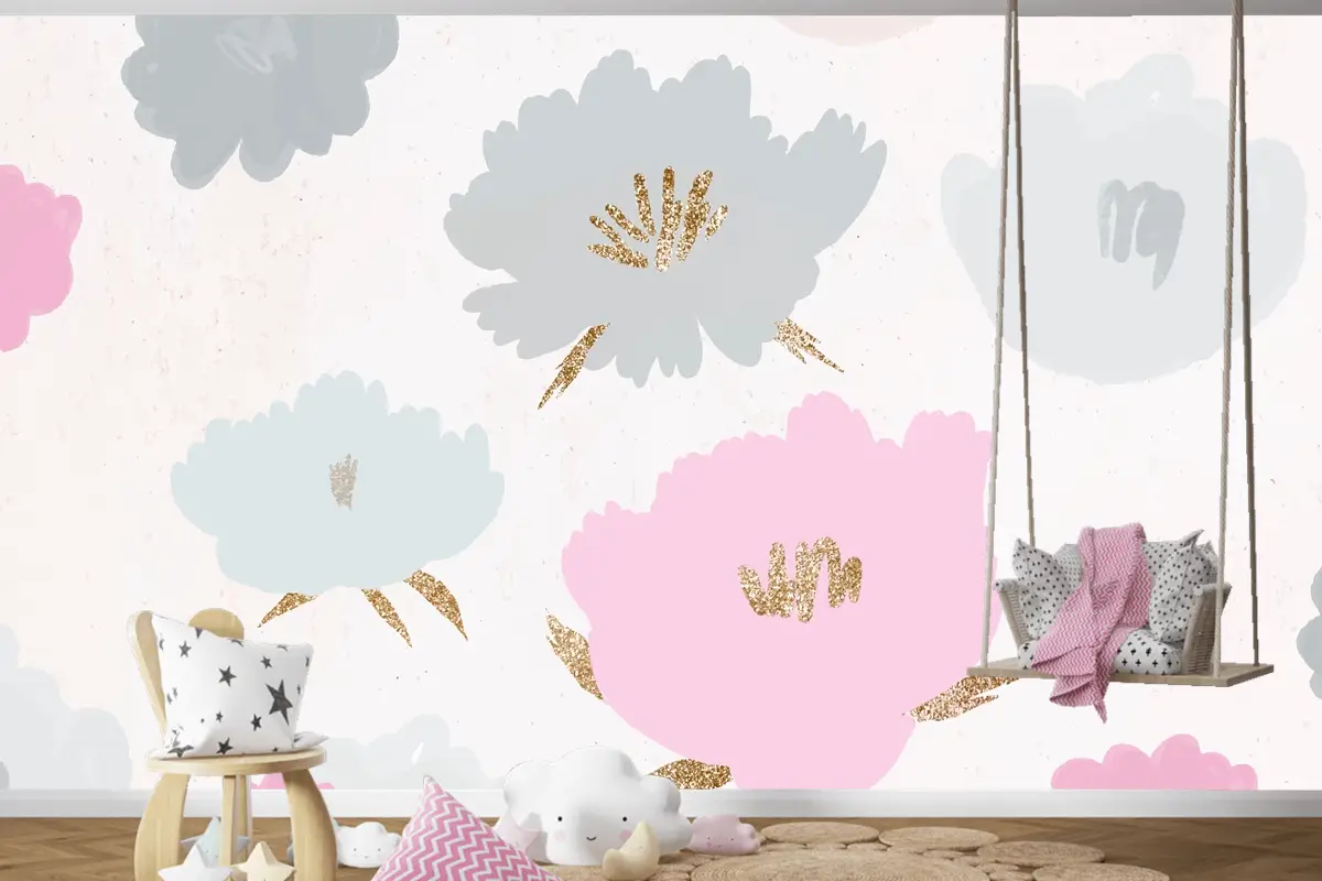 Çiçek Desenli Arka Plan Elle Çizilmiş Çocuk Odası Duvar Kağıdı 