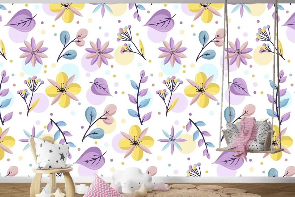 Pastel Renklerde Çiçek Desenli Çocuk Odası Duvar Kağıdı