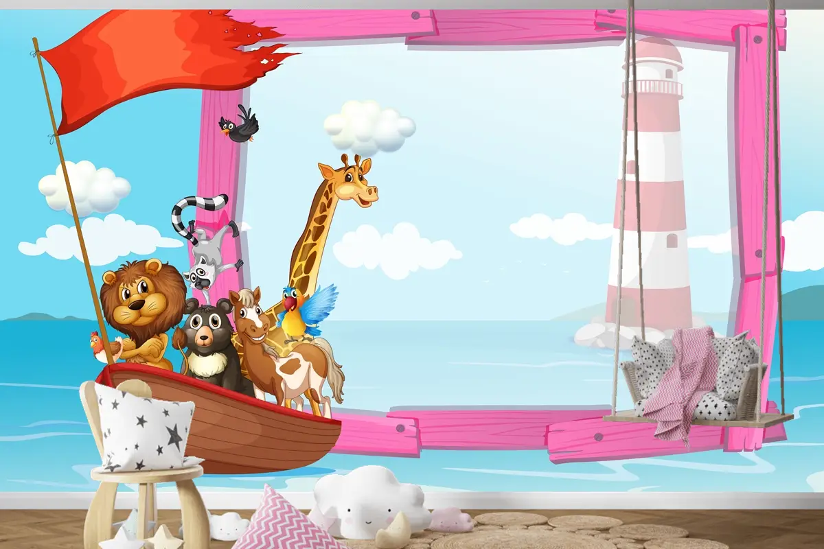 Teknede Vahşi Hayvanların Bulunduğu Çerçeve Çocuk Odası Duvar Kağıdı