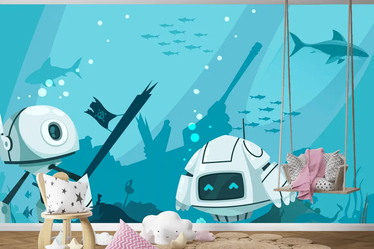 Fütüristik Robotlar Deniz Kompozisyonu Çocuk Odası Duvar Kağıdı