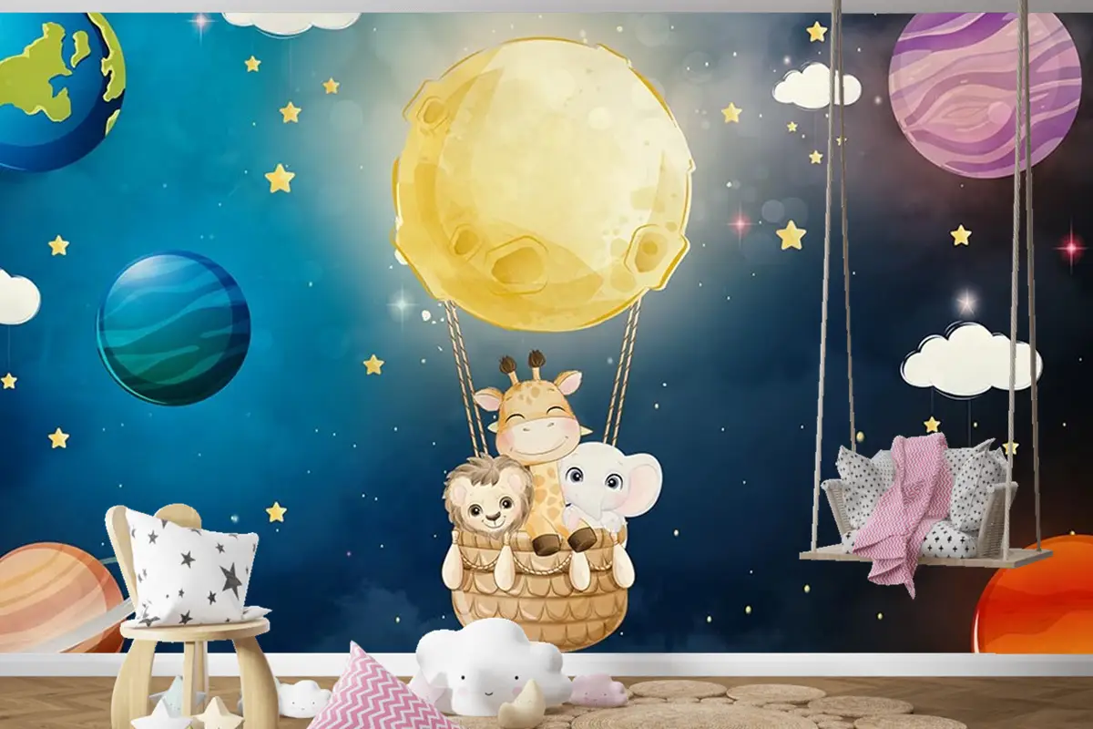 Galaksi Gezegenler Ve Sevimli Hayvanlar Çocuk Odası Duvar Kağıdı