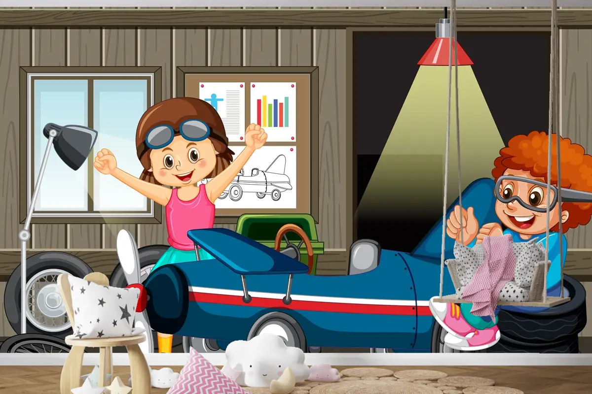 Çocukların Birlikte Araba Tamir Ettiği Garaj Sahnesi Çocuk Odası Duvar Kağıdı