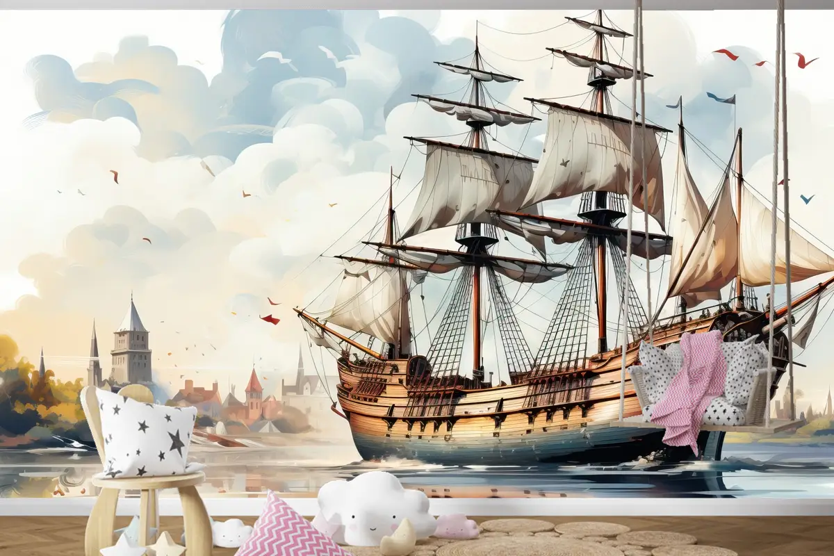 Geometrik Düz Tasarım Şehir Manzaralı Başkent Gün Batımı Çocuk Odası Duvar Kağıdı