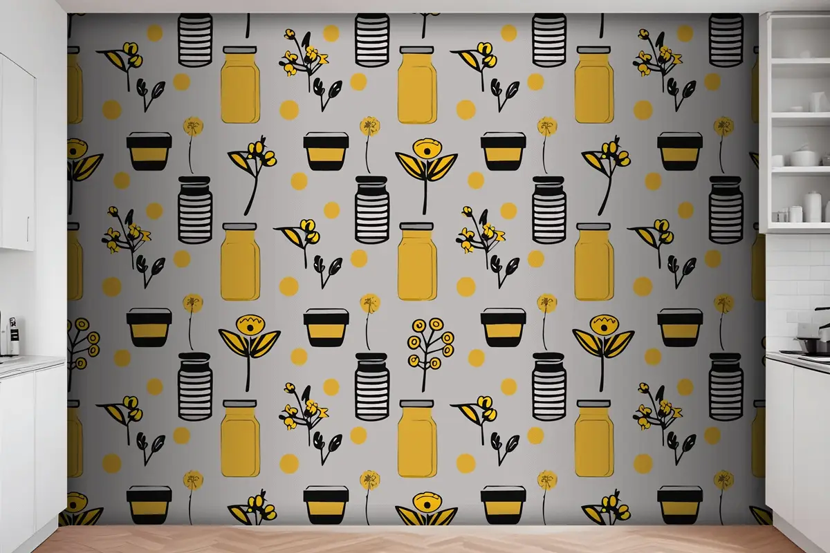 Geometrik Gıda Hattı Deseni Doğal Çiçek Bitki Basit Şekil Soyut Ekolojik Tarım Konsepti Mutfak Duvar Kağıdı