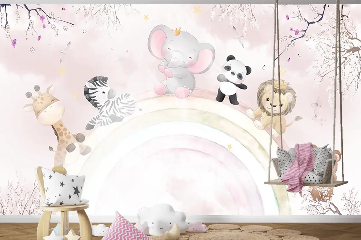 Gökkuşağı Üzerinde Sevimli Hayvanlar Çocuk Odası Duvar Kağıdı