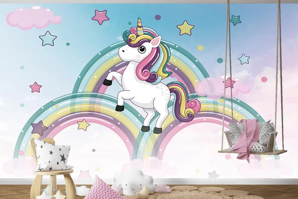 Gökkuşakları Üzerinde Unicorn Çocuk Odası Duvar Kağıdı