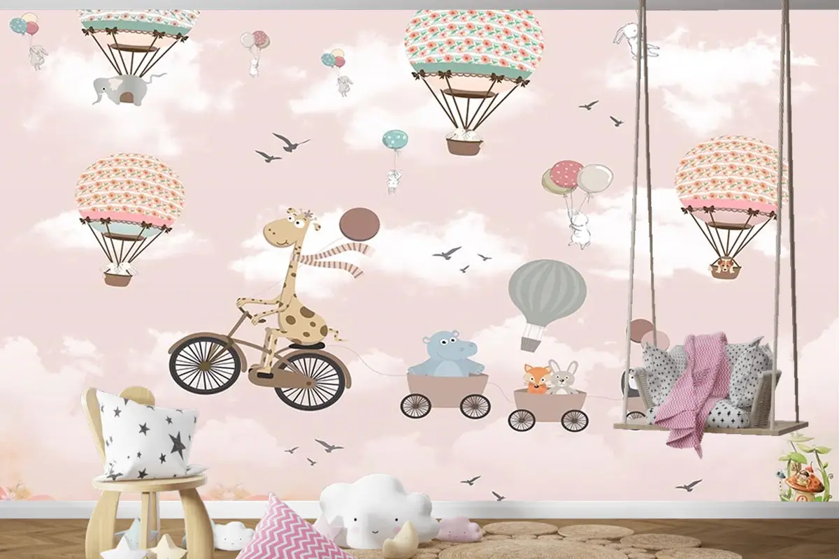 Gökyüzünde Bisiklet Süren Zürafa Ve Arkadaşları Çocuk Odası Duvar Kağıdı