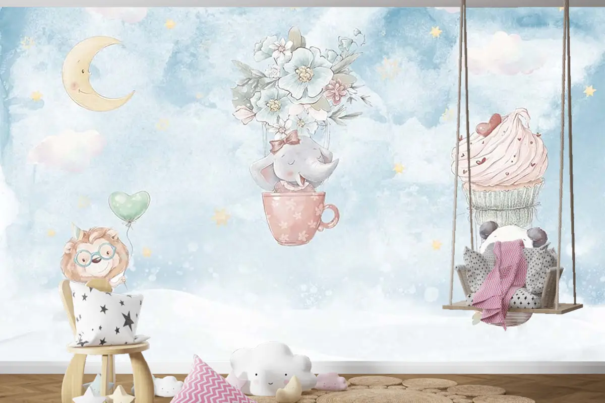 Gökyüzünde Fil Panda Çocuk Odası Duvar Kağıdı