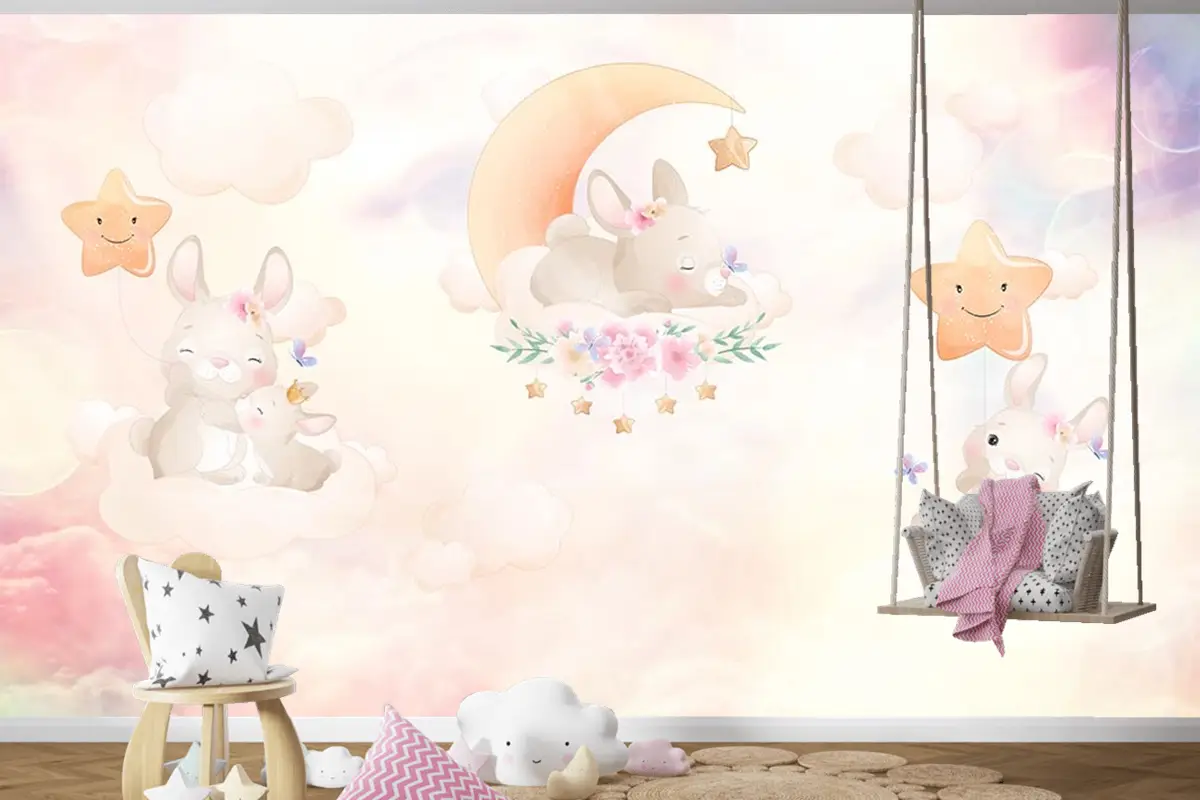 Gökyüzünde Sevimli Tavşanların Dünyası Çocuk Odası Duvar Kağıdı