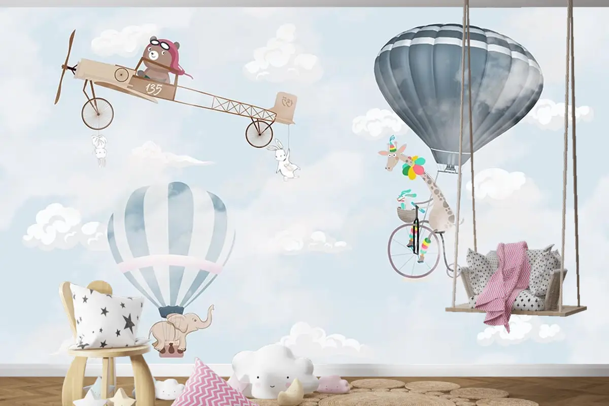 Gökyüzünde Uçak Balonlar Ve Sevimli Hayvanlar Çocuk Odası Duvar Kağıdı