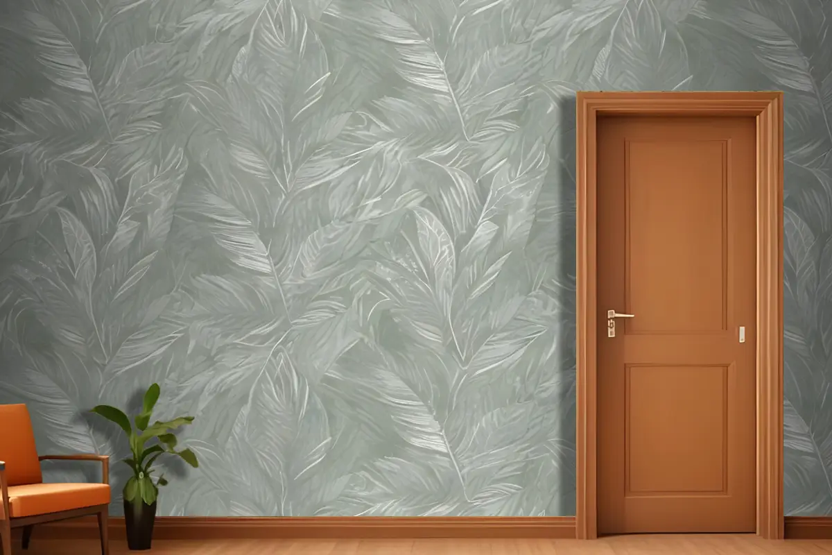 Üst Üste Binen Yaprak Veya Tüy Benzeri Şekillerle Yeşil Ve Beyaz Soyut Desen Antre  Hol  Koridor Duvar Kağıdı