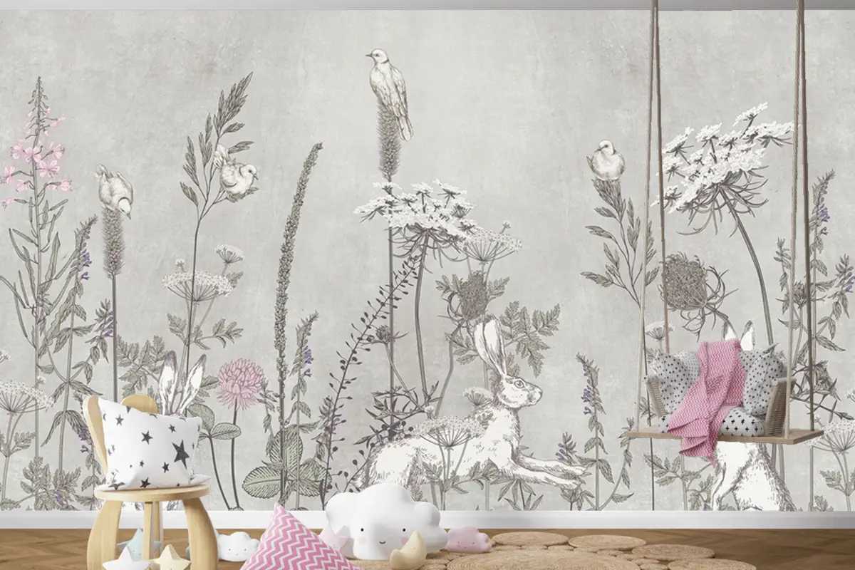 Gri Tavşanlar Ve Çiçekler Çocuk Odası Duvar Kağıdı