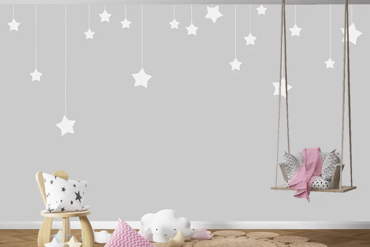 Gri Zemin Beyaz Yıldızlar Çocuk Odası Duvar Kağıdı
