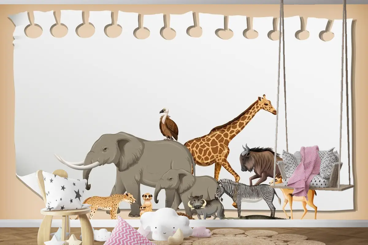 Kağıt Çocuk Odası Duvar Kağıdı  Üzerinde Vahşi Afrika Hayvanı Grubu
