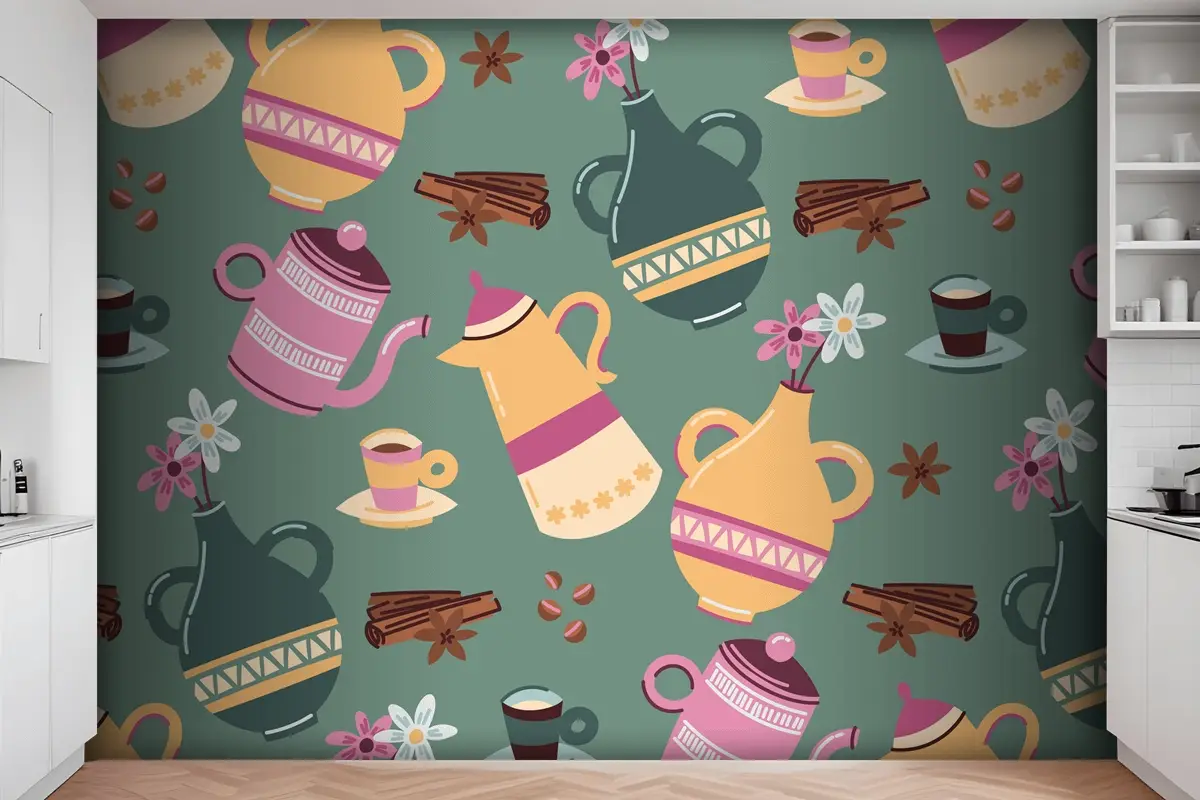 Elle Çizilmiş Renkli Kahve Desenli Mutfak Duvar Kağıdı