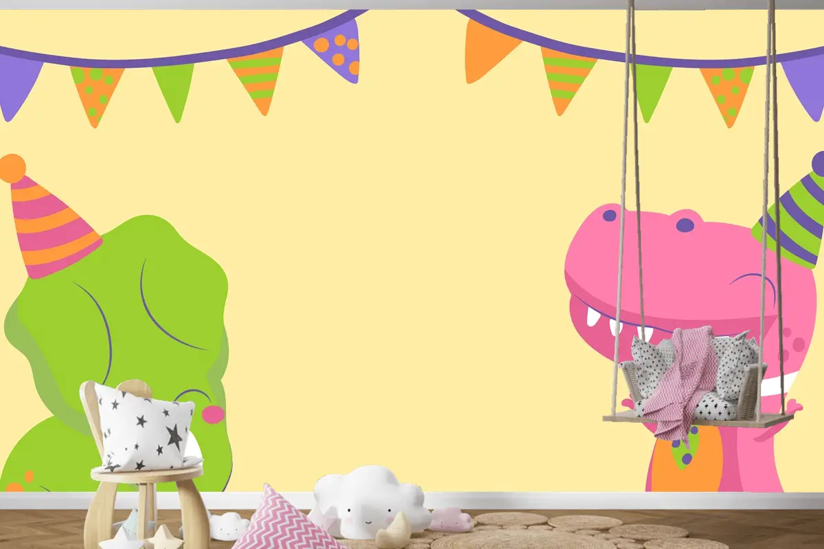 Elle Çizilmiş Dinozor Doğum Günü Yakınlaştırma Çocuk Odası Duvar Kağıdı 