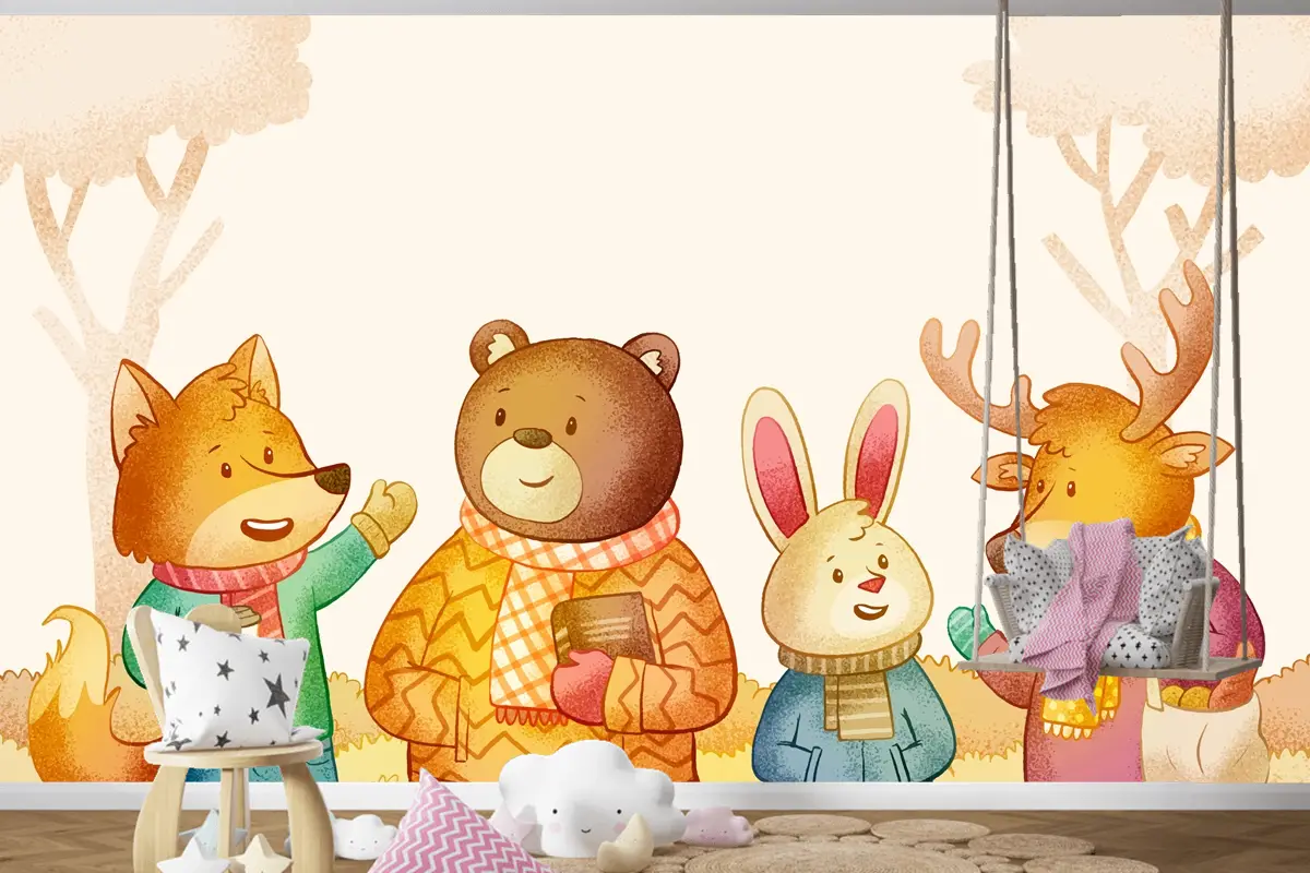 Elle Çizilmiş Sonbahar Sezonu Çocuk Odası Duvar Kağıdı 