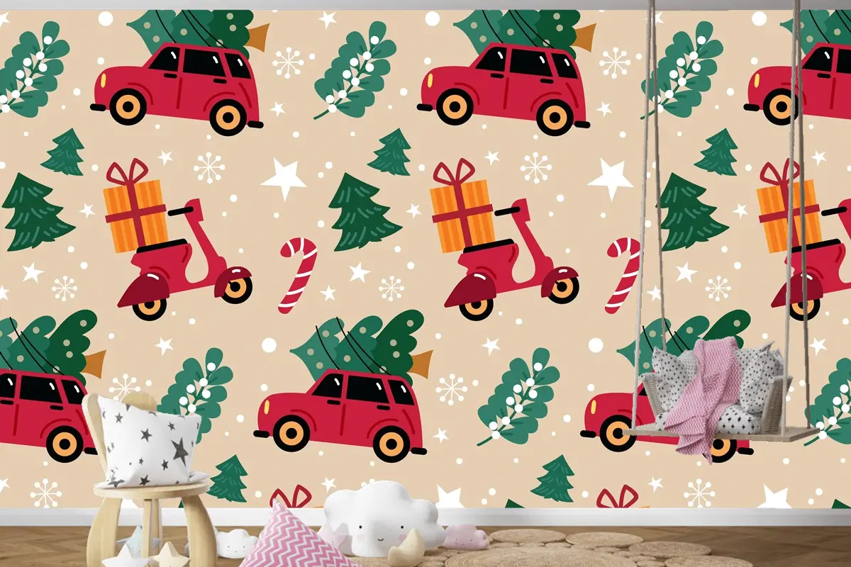 Elle Çizilmiş Düz Noel Desen Tasarımı Çocuk Odası Duvar Kağıdı