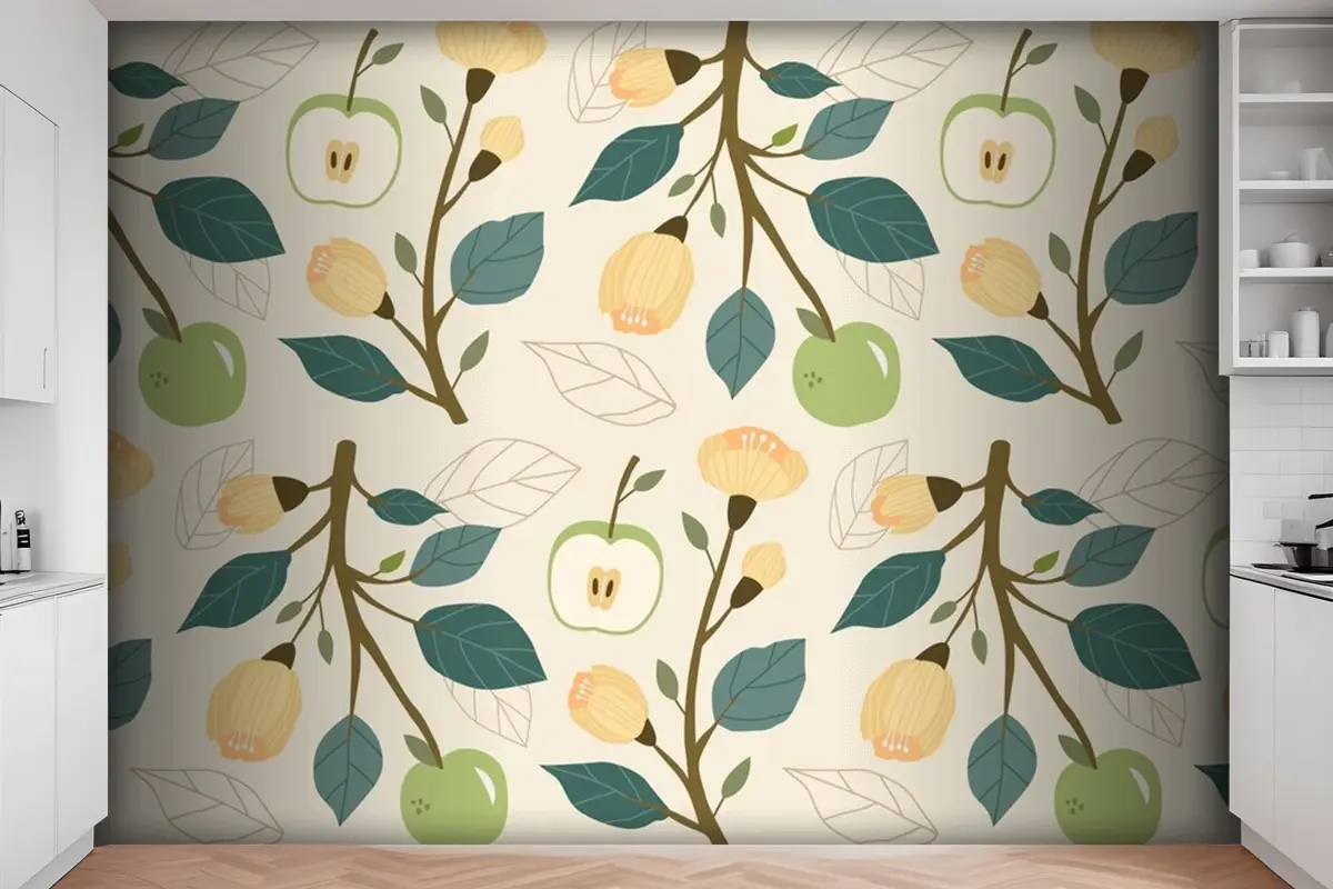 Elle Çizilmiş Düz Meyve Ve Çiçek Desenli Mutfak Duvar Kağıdı 