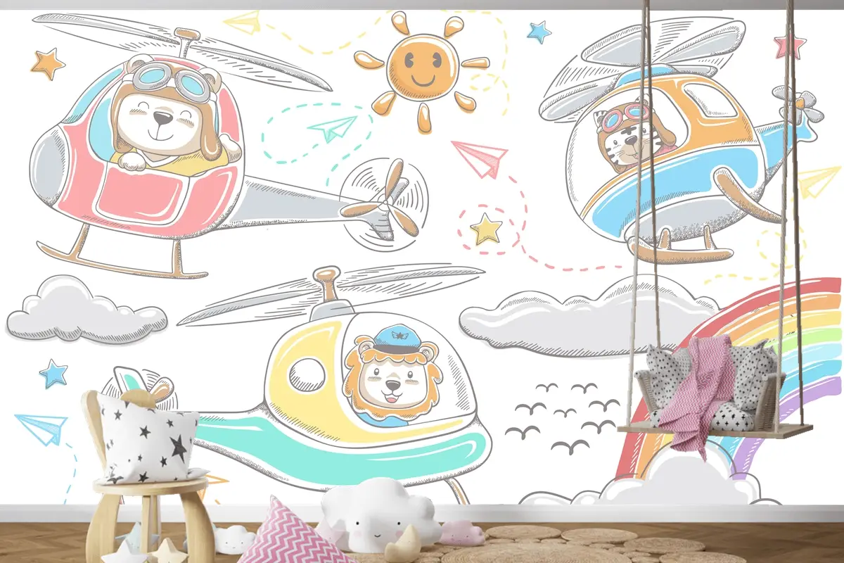 Helikopterlerde Elle Çizilmiş Komik Hayvanlar Karikatür Gökyüzü Nesne Öğeleri Karikatür Çocuk Odası Duvar Kağıdı Duvar