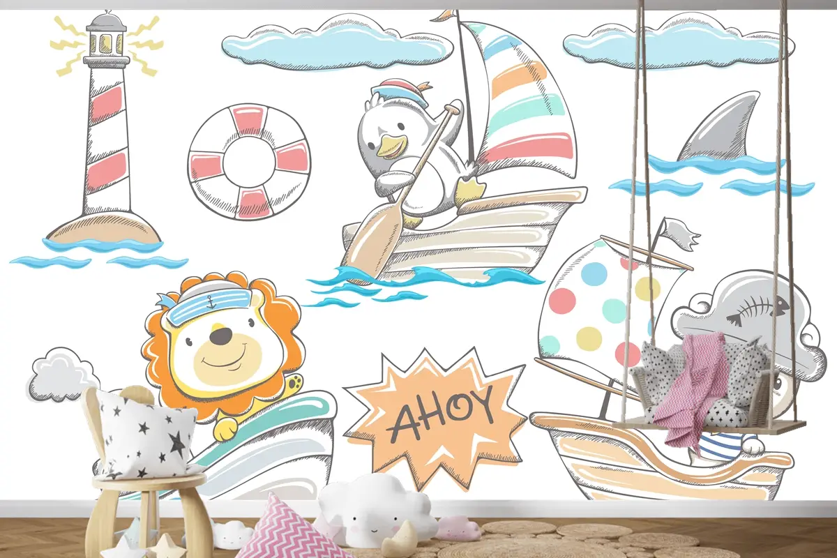 Elle Çizilmiş Komik Hayvanlar Deniz Elementleri Çocuk Odası Duvar Kağıdı