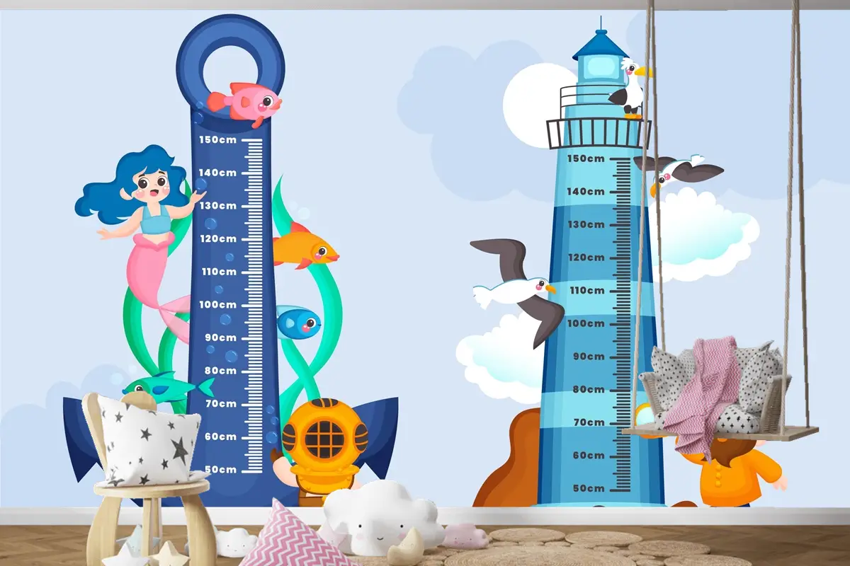 Elle Çizilmiş Yükseklik Ölçer Seti Çocuk Odası Duvar Kağıdı