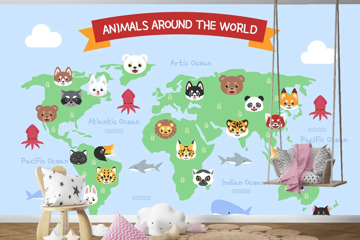 Elle Çizilmiş Çocuk Haritası Çocuk Odası Duvar Kağıdı