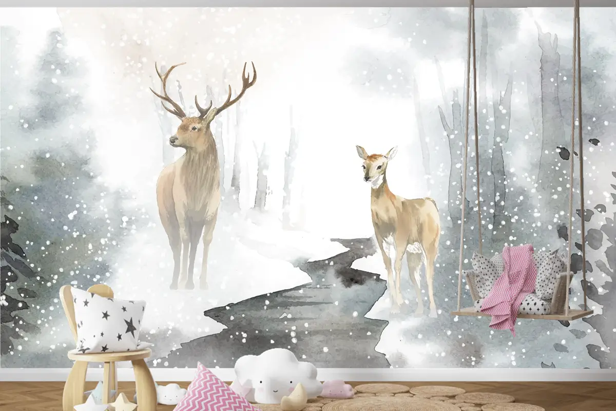 Elle Çizilmiş Geyik Çifti Suluboya Tarzı Çocuk Odası Duvar Kağıdı