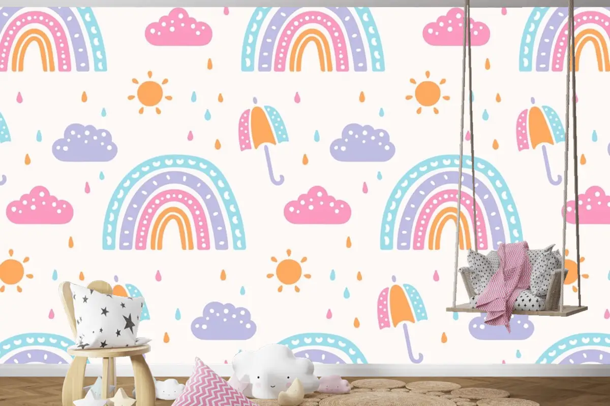 Elle Çizilmiş Gökkuşağı Desen Tasarımı Çocuklar Çocuk Odası Duvar Kağıdı