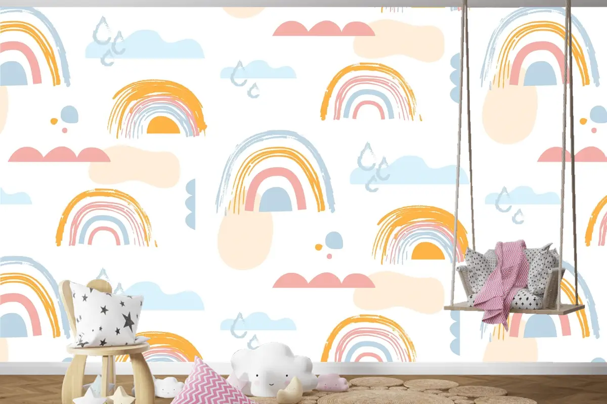 Elle Çizilmiş Gökkuşağı Desen Tasarımı Çocuk Odası Duvar Kağıdı