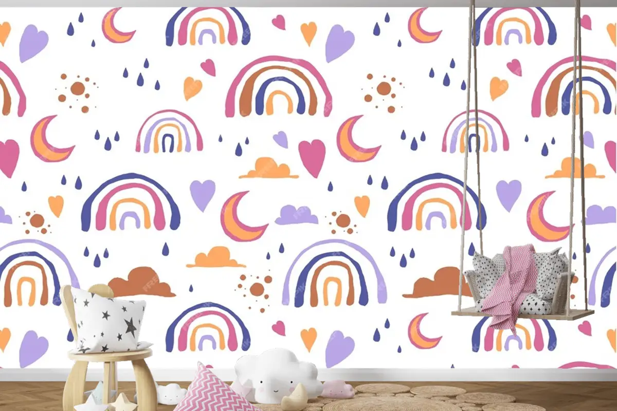 Elle Çizilmiş Gökkuşağı Desen Tasarımı Çocuk Odası Duvar Kağıdı