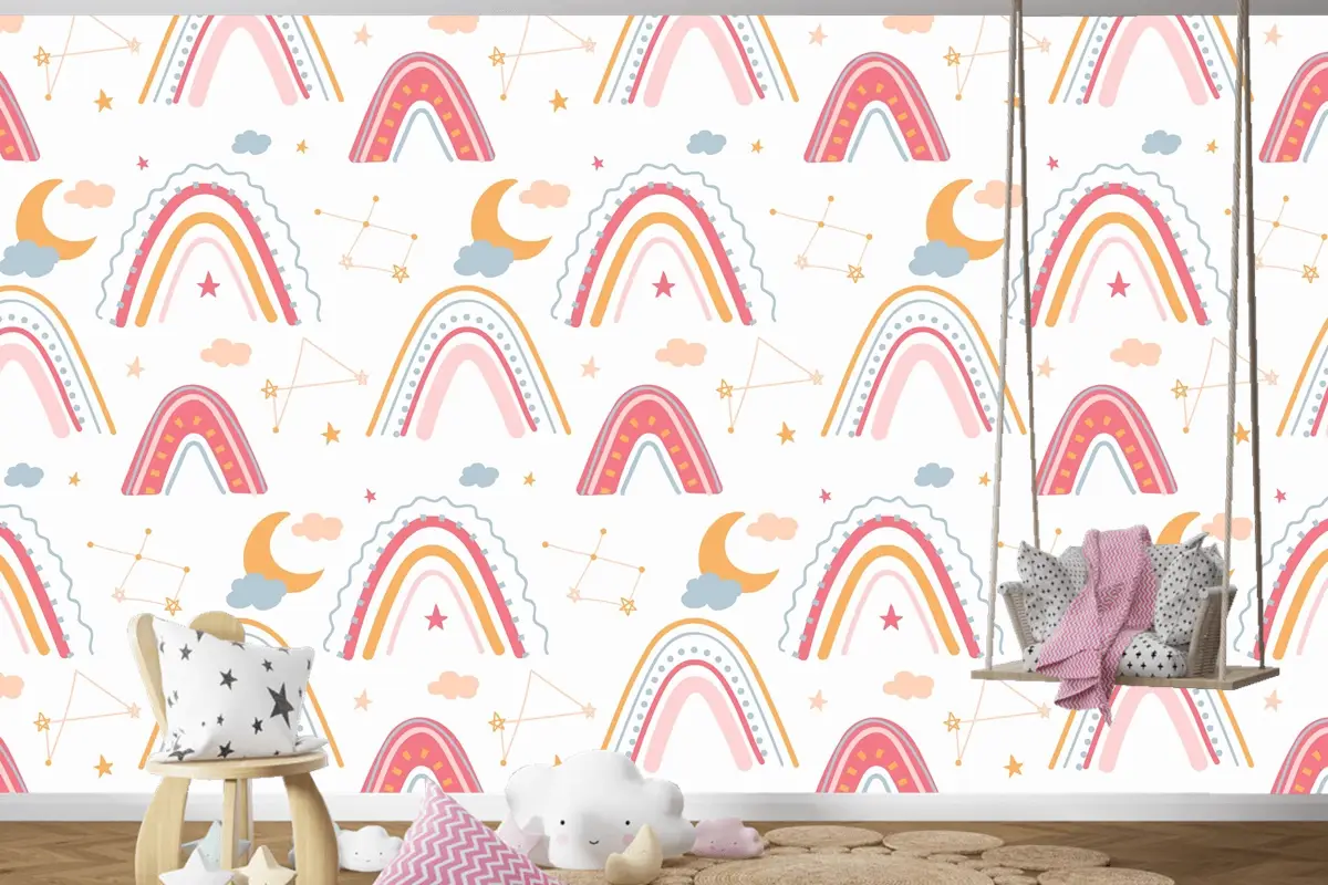 Elle Çizilmiş Gökkuşağı Desenli Çocuk Odası Duvar Kağıdı 