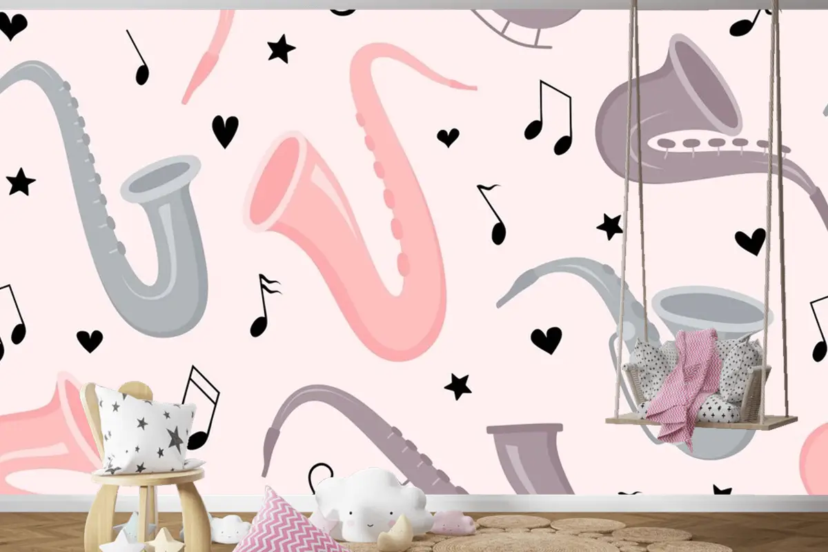 Elle Çizilmiş Saksafon Dikişsiz Desen Çocuk Odası Duvar Kağıdı