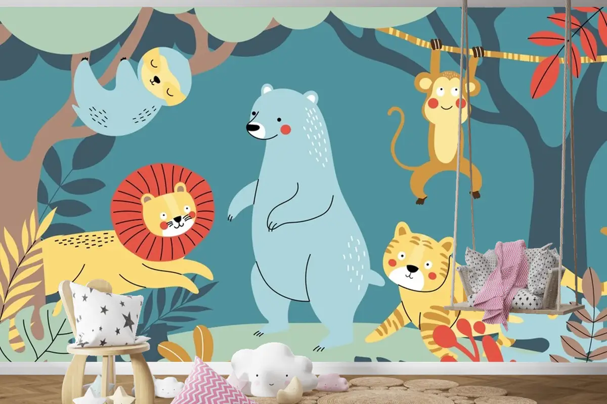 Elle Çizilmiş Yaban Hayatı Arka Plan Çocuk Odası Duvar Kağıdı 