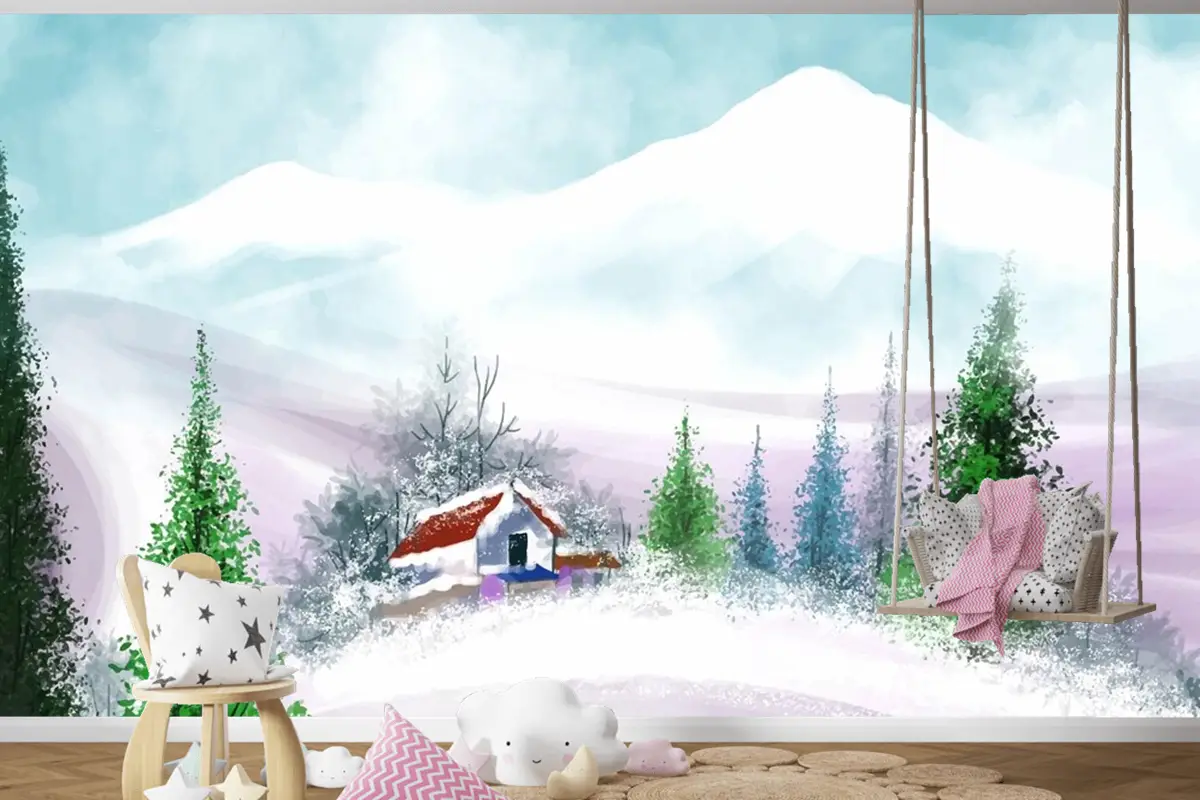 Noel Ve Yeni Yılınız Kutlu Olsun Çocuk Odası Duvar Kağıdı  İçin El Boyalı Suluboya Çizimi