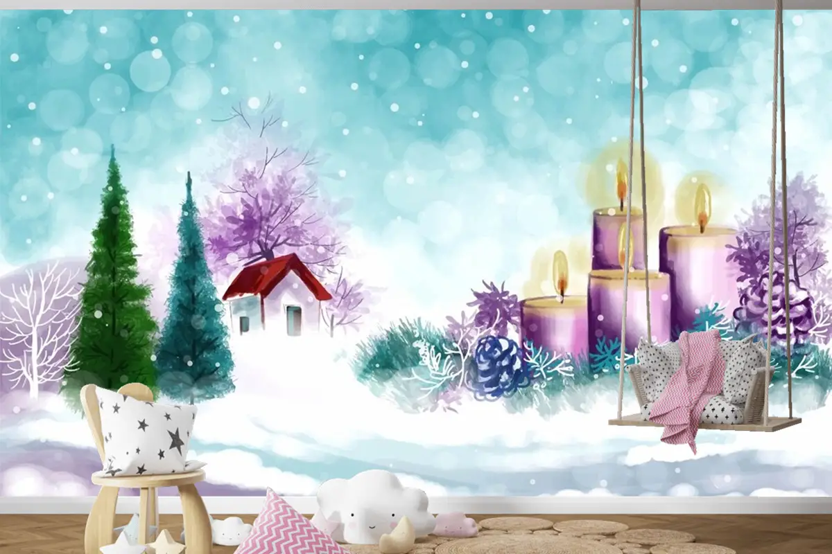 Noel Ve Mutlu Yeni Yıl Sezonu Çocuk Odası Duvar Kağıdı  Için El Boyalı Suluboya Çizimi