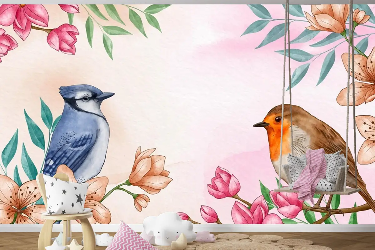 El Boyalı Suluboya Çiçek Kuşlar Arka Plan Çocuk Odası Duvar Kağıdı 