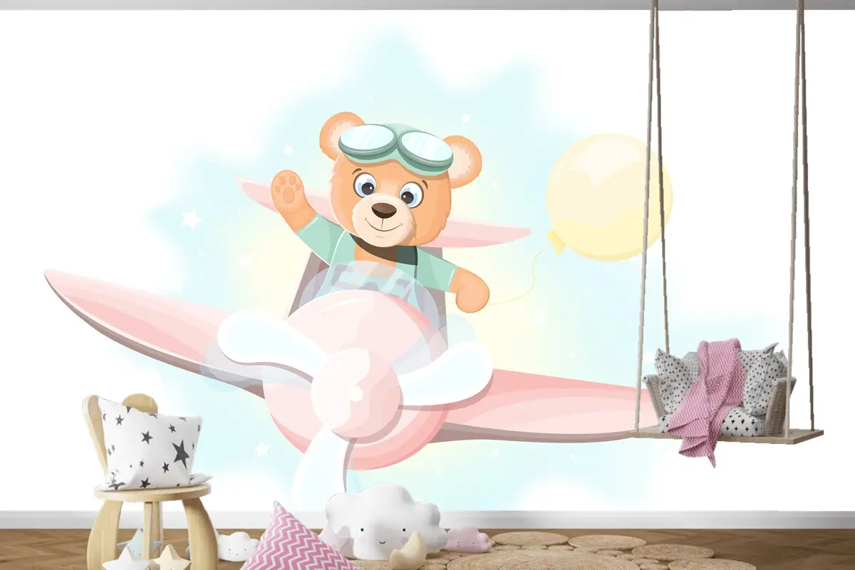Uçakta Uçan Mutlu Ayıcık Çocuk Odası Duvar Kağıdı