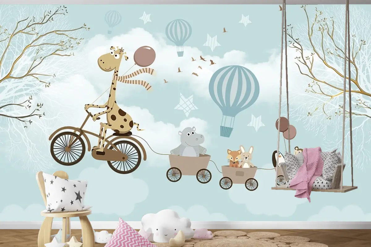 Hayvanlar Fil Zürafa Çocuk Odası Duvar Kağıdı